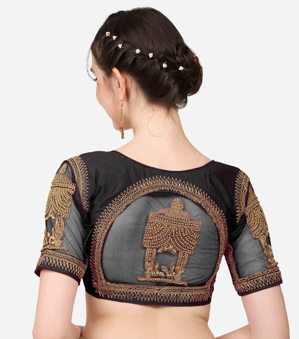 Pujia Mills WomenS Multicolor Temple Embroidery Net Back Sequence Khatli Work Sleeves Design Phantom Silk Readymade Saree Blous