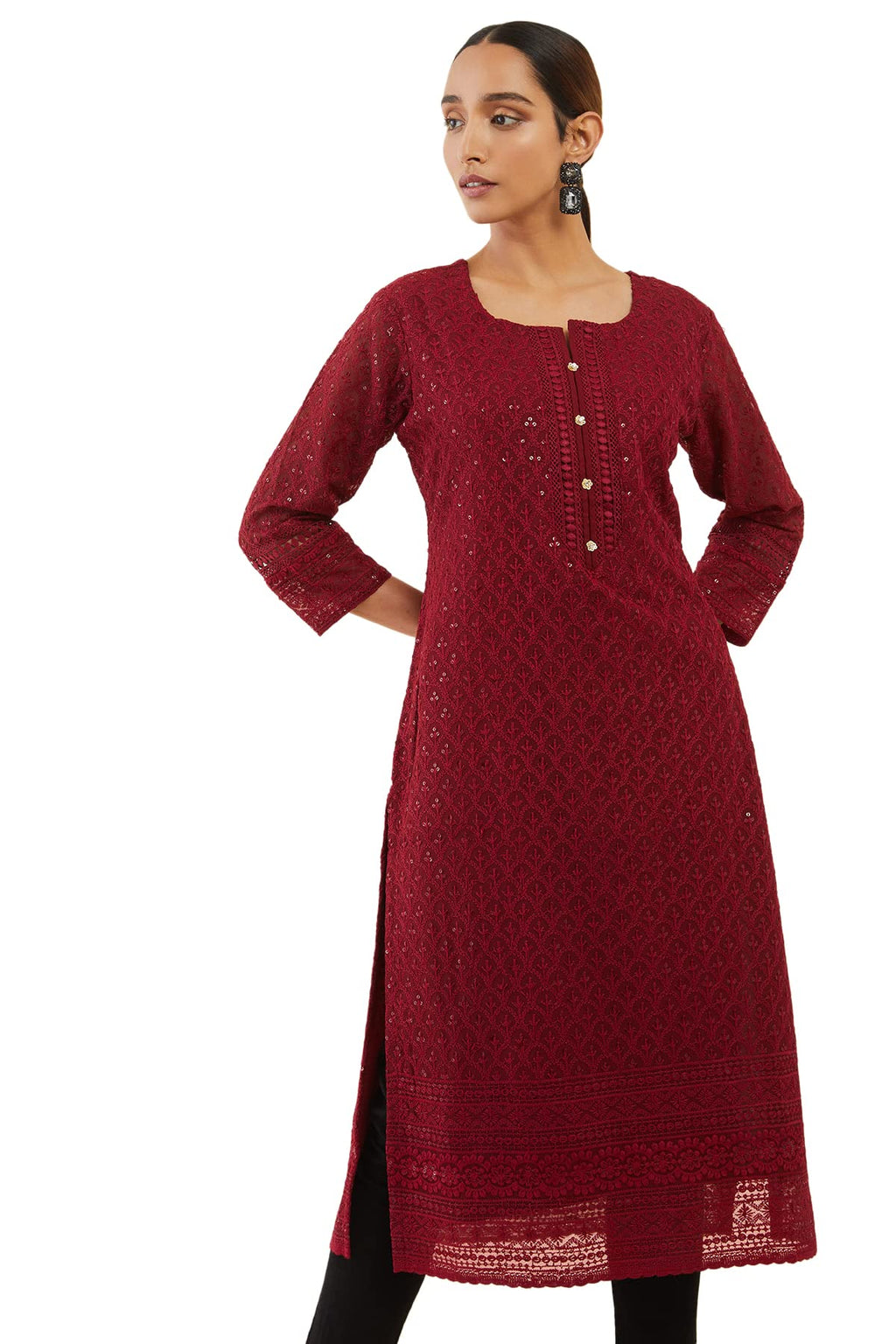 Soch Womens Maroon Georgette Kurta With Self Embroidery And Sequins