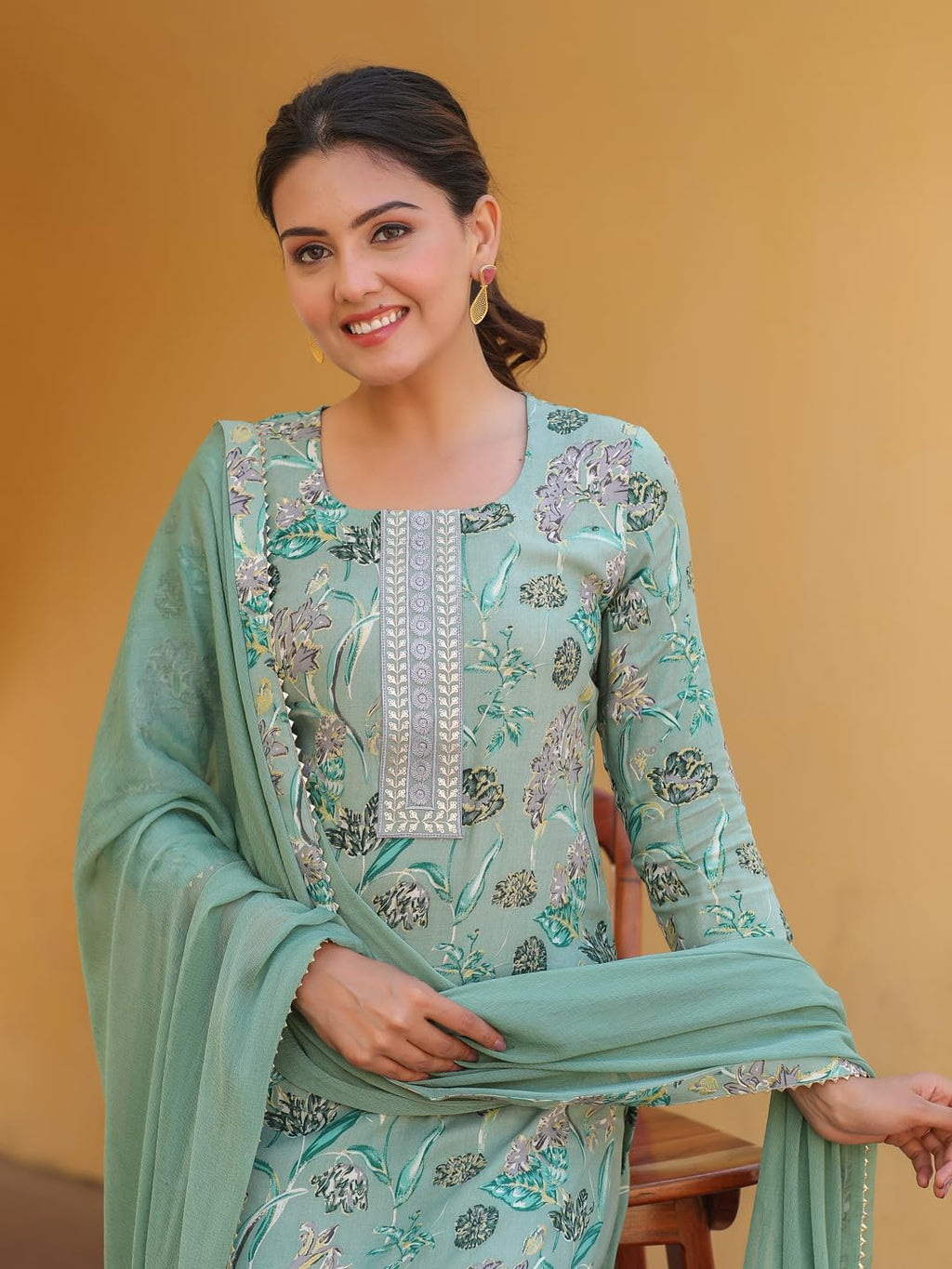 ANNI DESIGNER Women s Rayon Blend Kurta with Trousers and Dupatta, Green, L