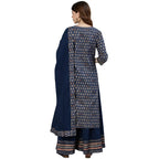 Ishin Women'S Pure Cotton Navy Blue Embroidered A-Line Kurta Set With Trouser And Dupatta