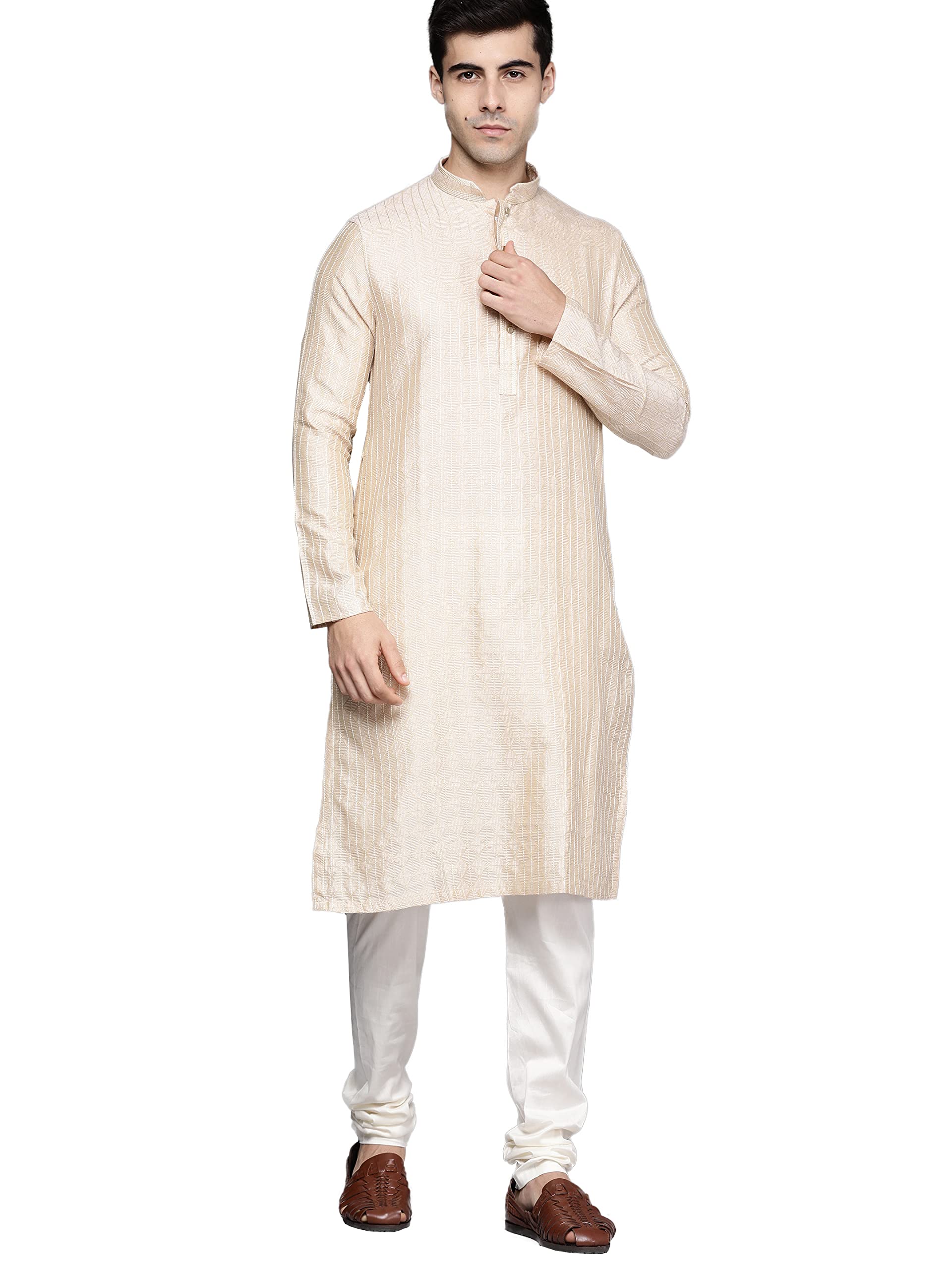 Manyavar Kurta Churidar Set for Men, Full Sleeves Mandarrin Collar, Blended Viscose Jacquard Mens Kurta Churidar Set (Fawn) (3X
