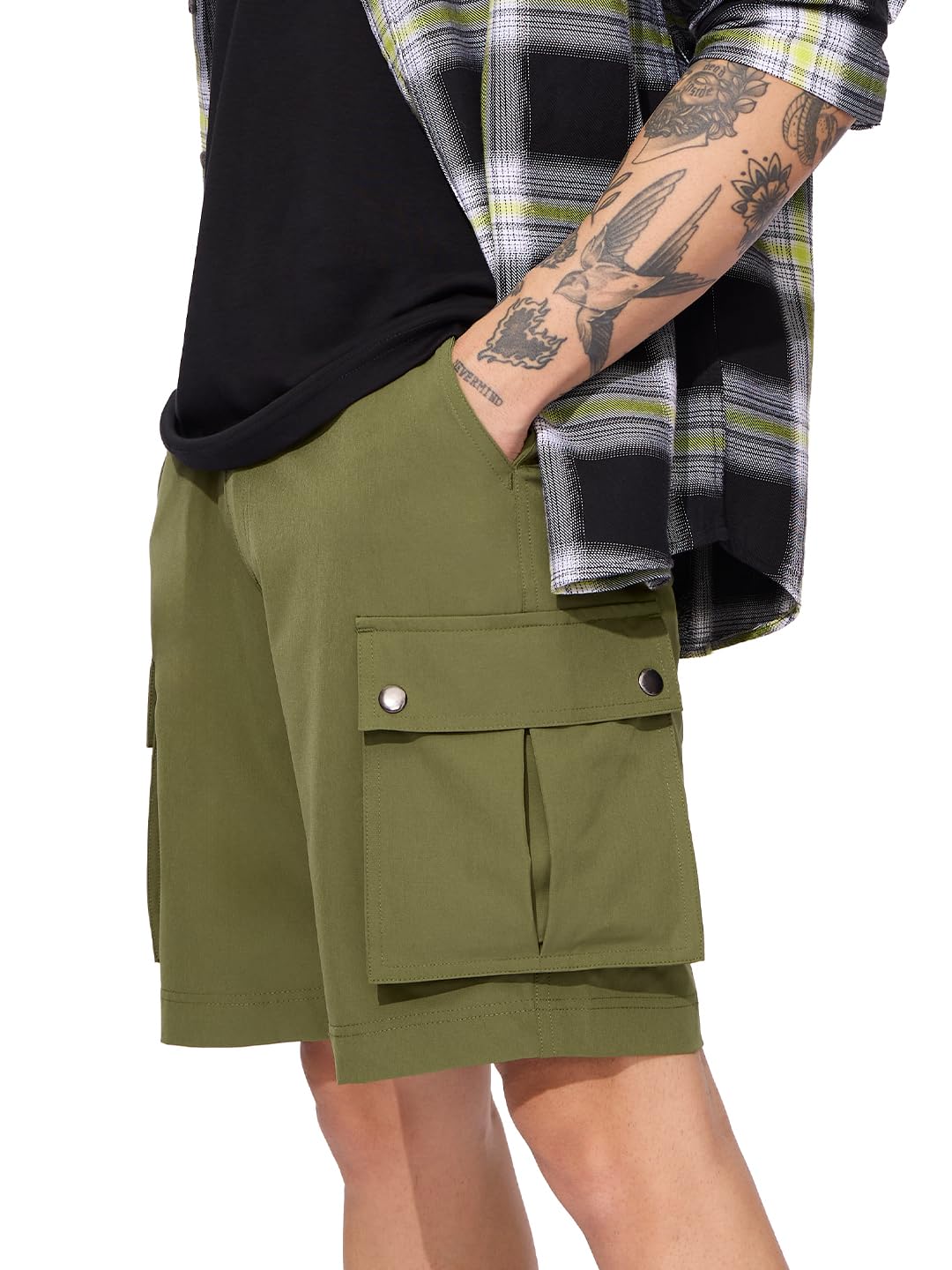 The Souled Store Solids: Military Olive Men and Boys Drawstringed Knee Length Polyester Cargo Shorts