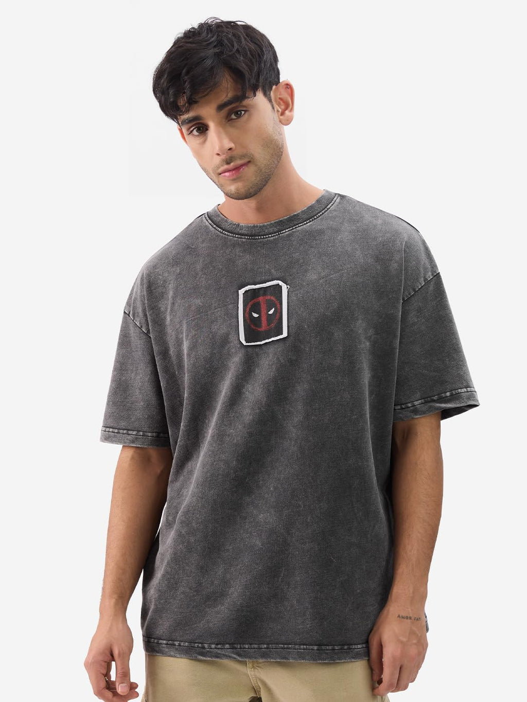 The Souled Store Official Deadpool: No More Calm Men and Boys Short Sleeve Round Neck Grey Cotton Oversize Fit T-Shirt
