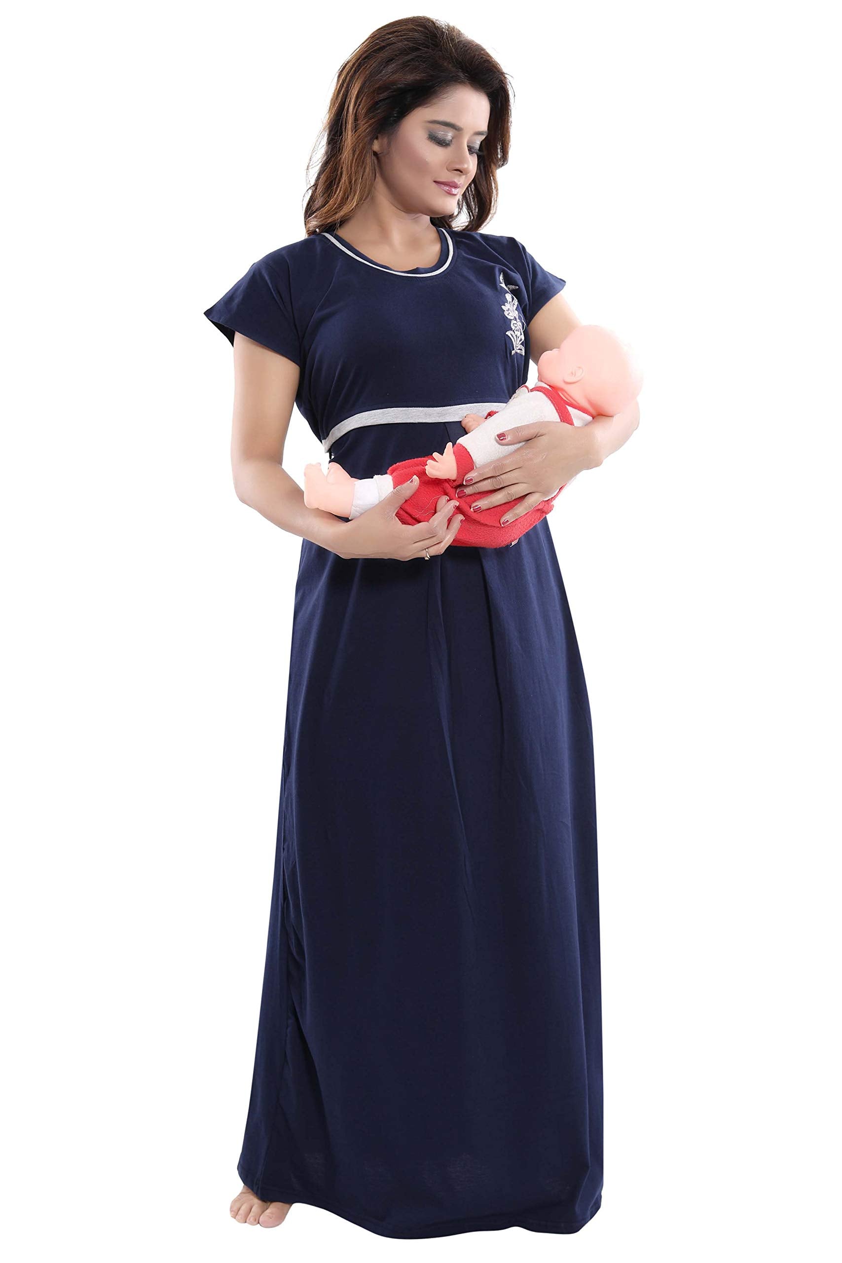 Fabme Womens Hosiery Solid Maxi Nighty (Navy Blue_Free Size_NW0163_Navy Blue_Free Size)