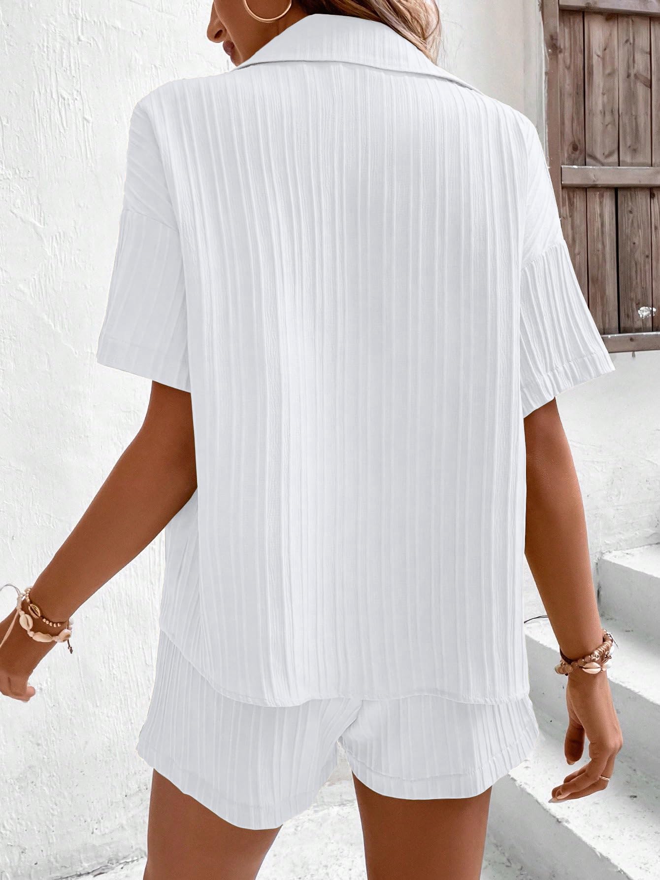 Shasmi Women & Girls White Solid Color Button Front Vacation Solid Texture Short Sleeve Loose Fit Drop Shoulder Pocket Shirt and
