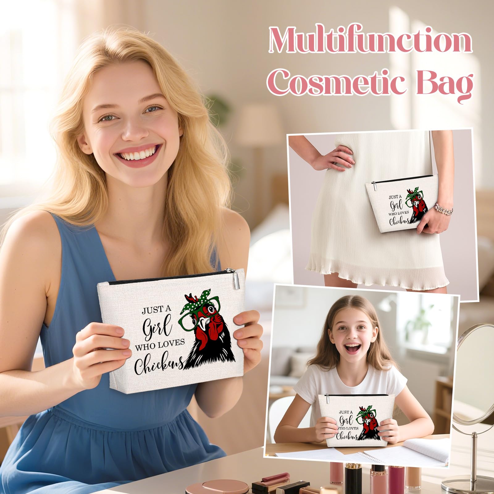 GevGuxLuo Chicken Gifts for Chicken Lovers, Chicken Makeup Bag for Women with Mirror, Chicken Birthday Gifts for Daughter Sister