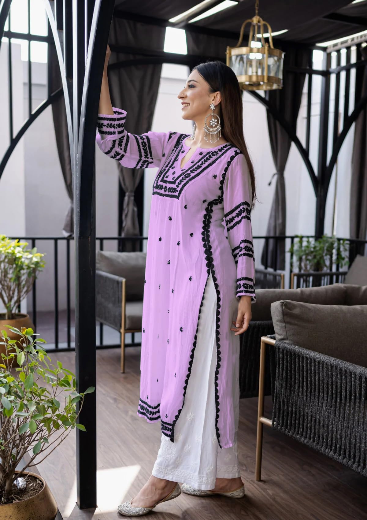 ANNI DESIGNER Womens Cotton Blend Chikankari Embroidered Straight Kurta (STHO-Purple_M_Purple_Medium)