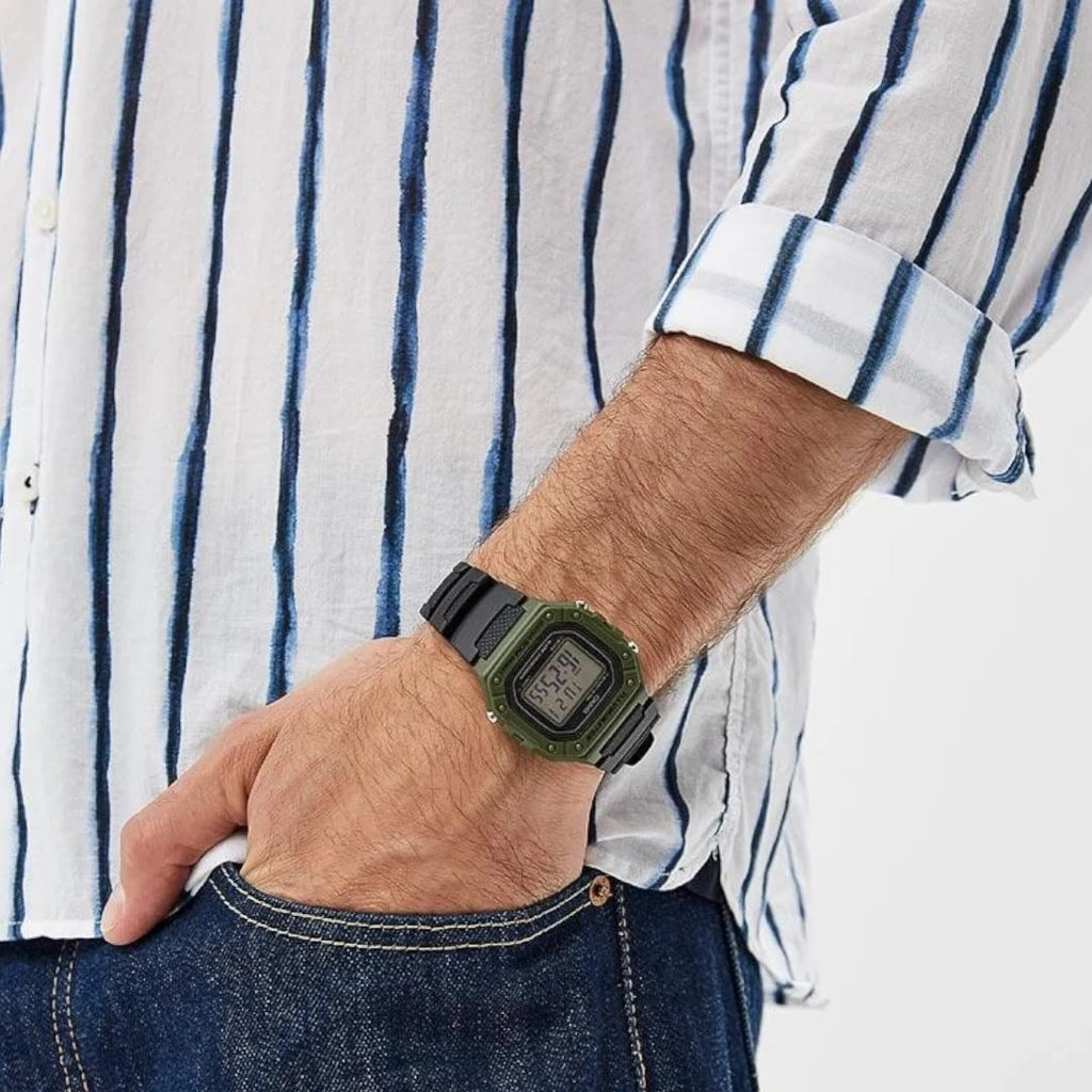 Casio Men's 'Classic' Quartz Stainless Steel and Resin Watch, Color:Black (Model: W-218H-3AVCF), Black/Green