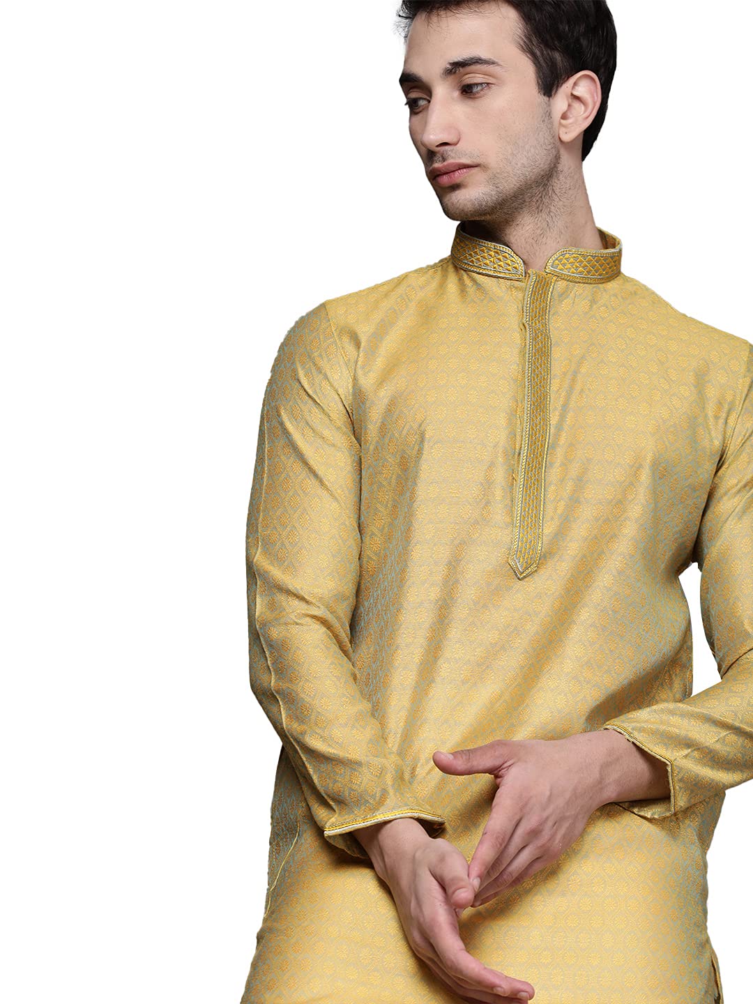 Manyavar Jacquard Print Knee Long Kurta and Churidar Set for Men - (Yellow, X-Large)