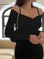 Sugathari Womens Black Solid Colour Open Cold Off Shoulder Long Sleeve Lettuce Hem Casual Autumn Trim Tight- Slim Fitting Ruche