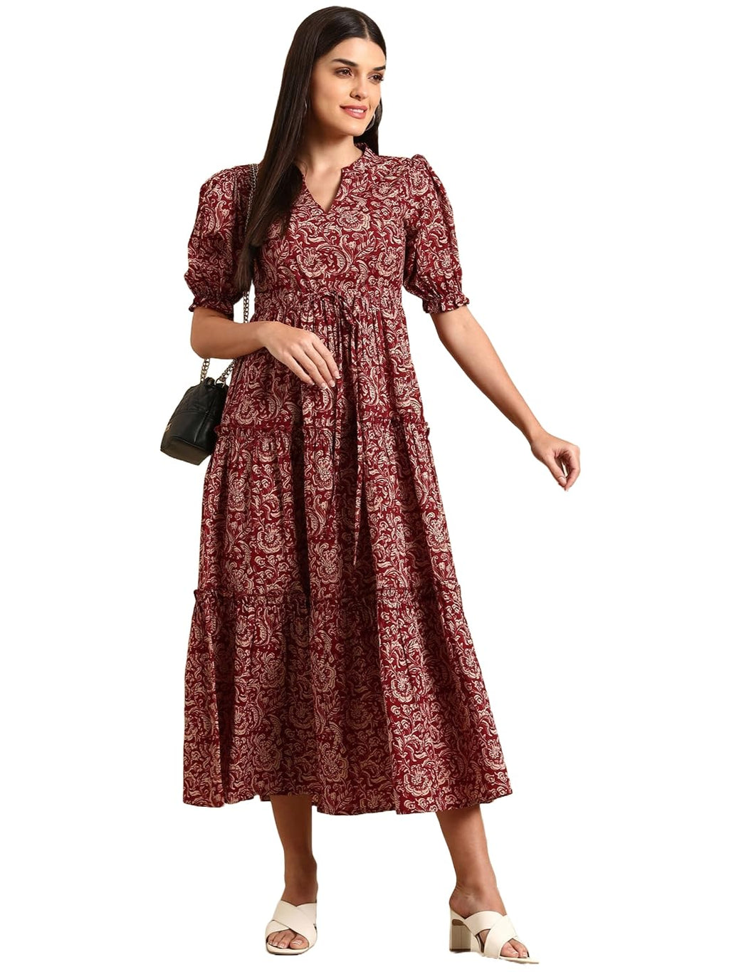 ANNI DESIGNER Womens Cotton Blend A-Line Printed Dress (CAM11 Maroon-Nw_S_Maroon_Small)
