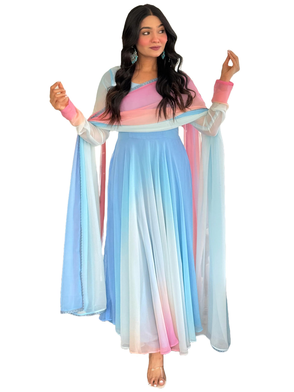 Gosriki Women'S Georgette Anarkali Solid Kurta With Pant & Dupatta (Sade Sky-Vks02-Gs_L_Sky Blue_Large)