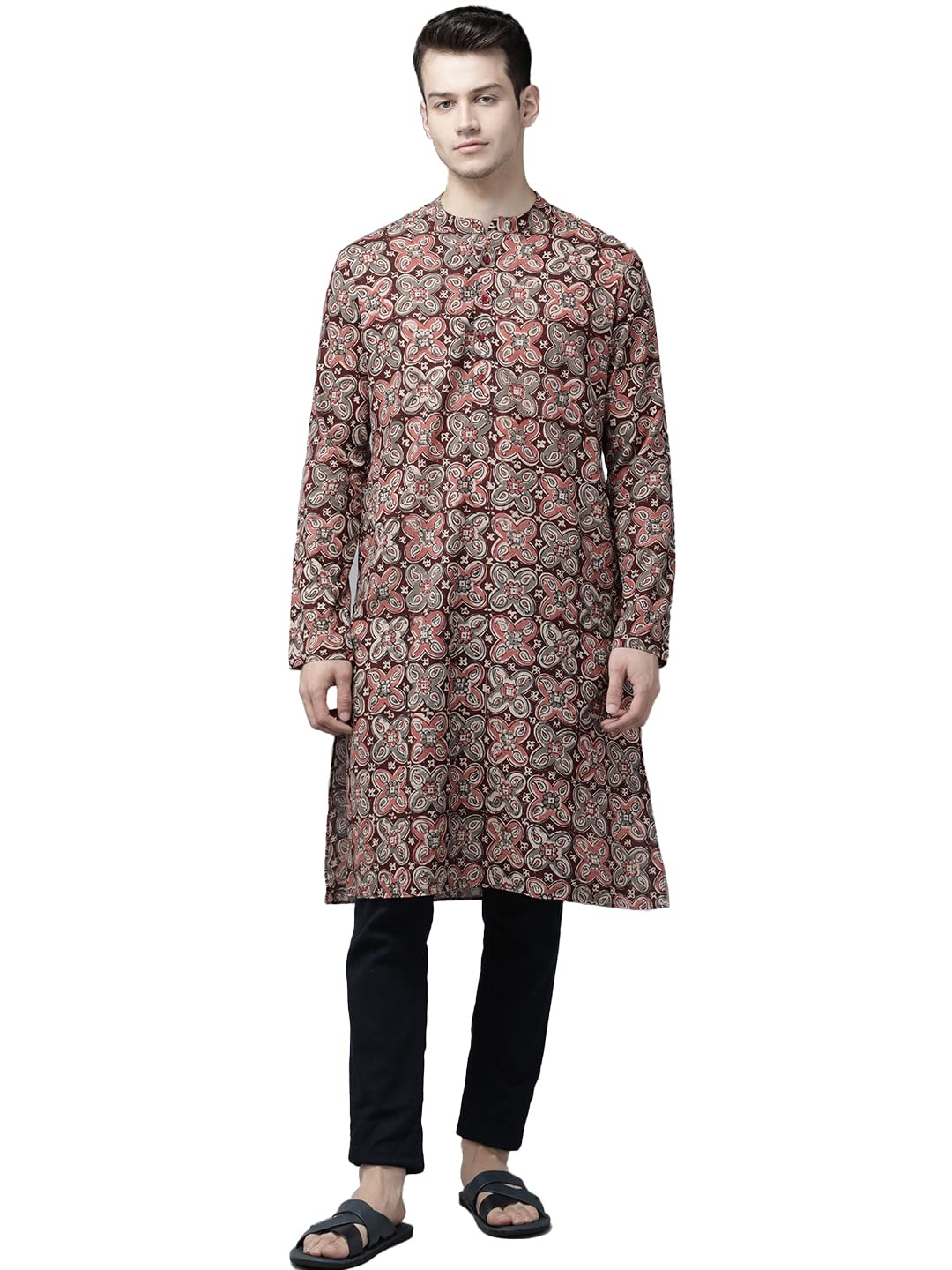 See Designs Maroon and Beige Kalamkari Print Straight Kurta Long Sleeves_SDKT951M