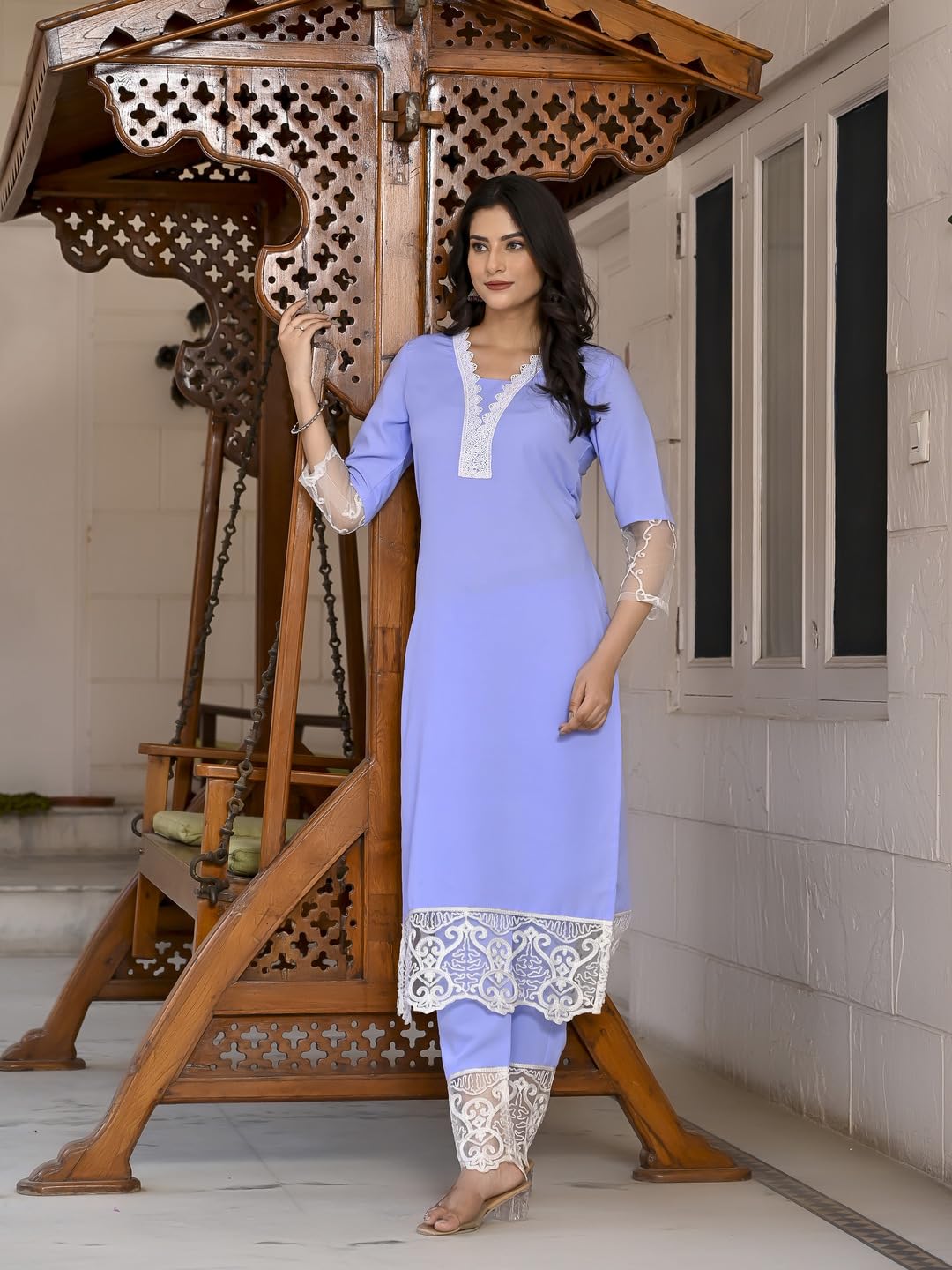 ANNI DESIGNER Ladies Cotton Blend Kurta with Trousers, azure, M