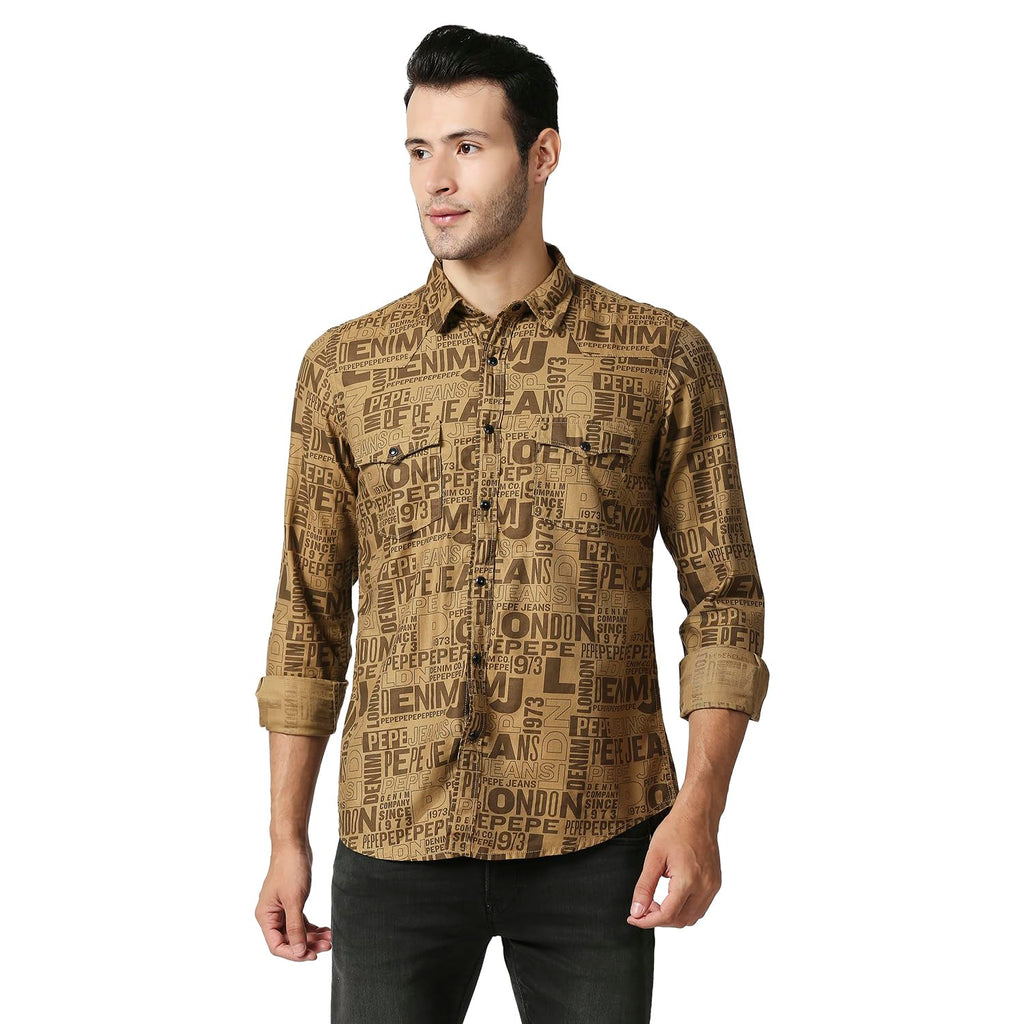 Pepe Jeans MenS Printed Regular Fit Shirt (Pm307867_Brown M)