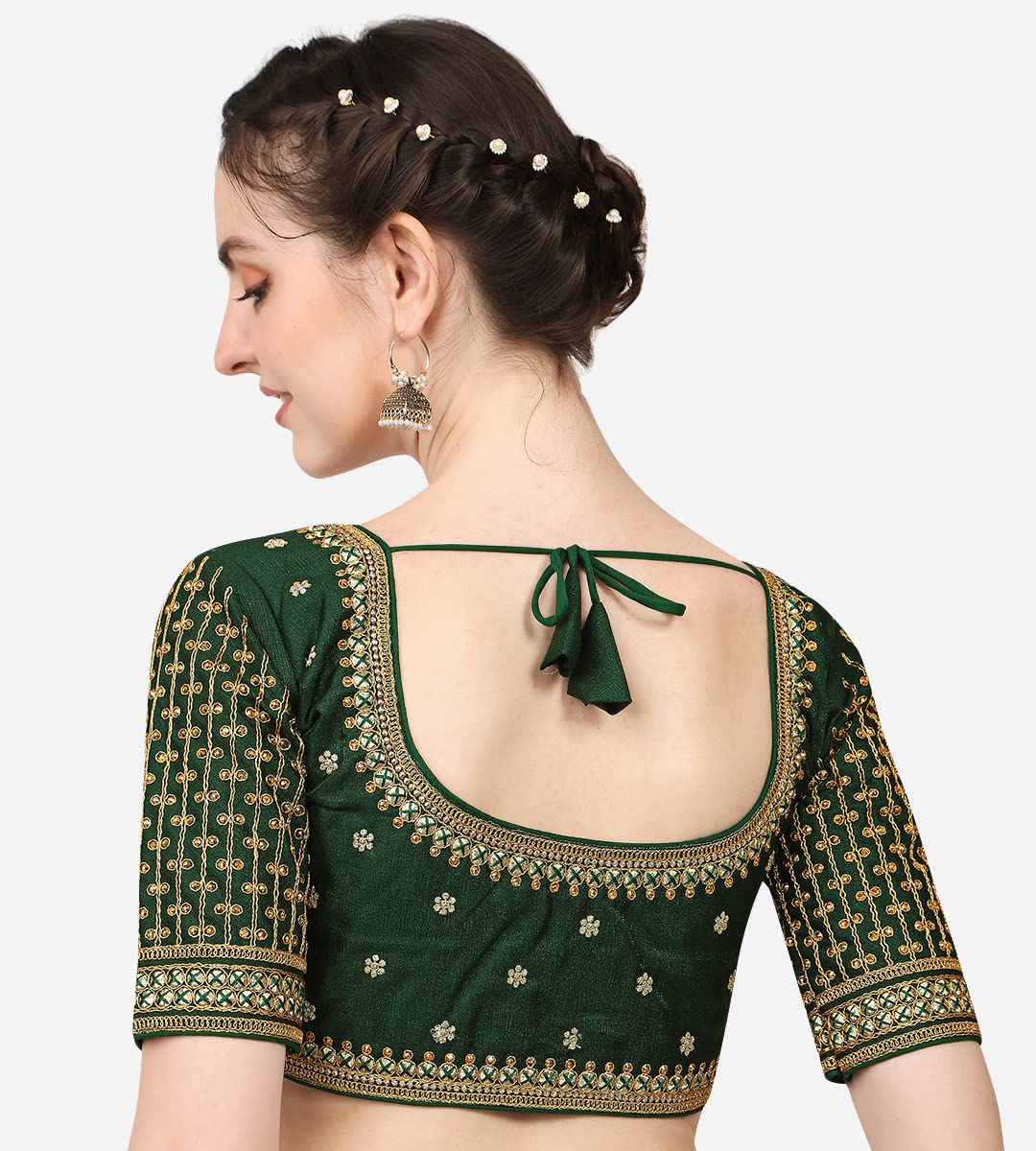 Pujia Mills WomenS Cobra Silk Embroidery Coding Stone Work Half Sleeve Saree Blouse
