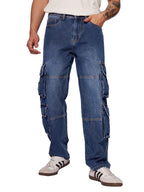 The Souled Store Denim: Washed Blue Men and Boys Buttoned Baggy Fit Cargo Jeans