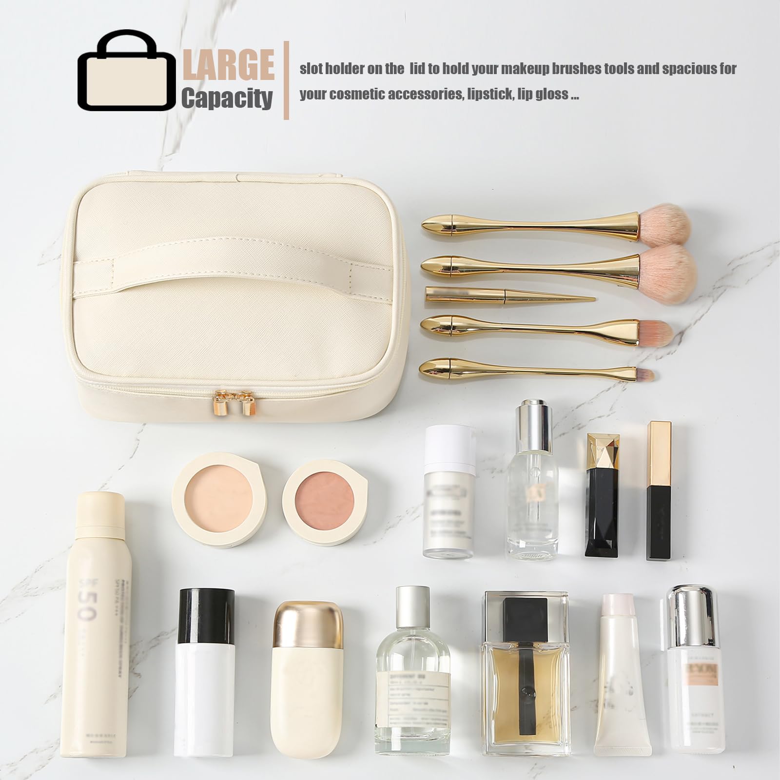 Meiyuuo Cute Makeup Bag Small Cosmetic Bags for Women Medium Pouch Toiletry Bag Waterproof Organizer(Light Beige)