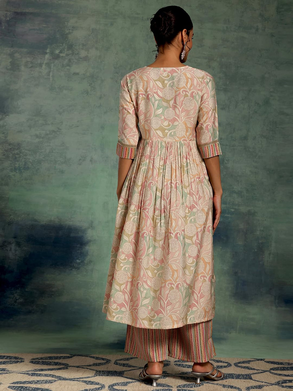 Libas Beige Printed Silk Blend Anarkali Kurta With Palazzos