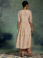 Libas Beige Printed Silk Blend Anarkali Kurta With Palazzos