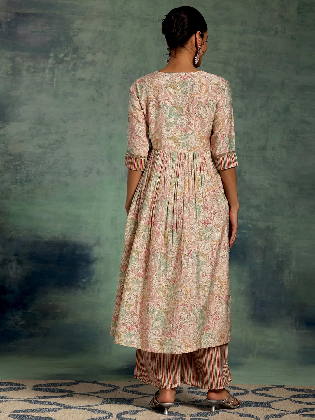 Libas Beige Printed Silk Blend Anarkali Kurta With Palazzos