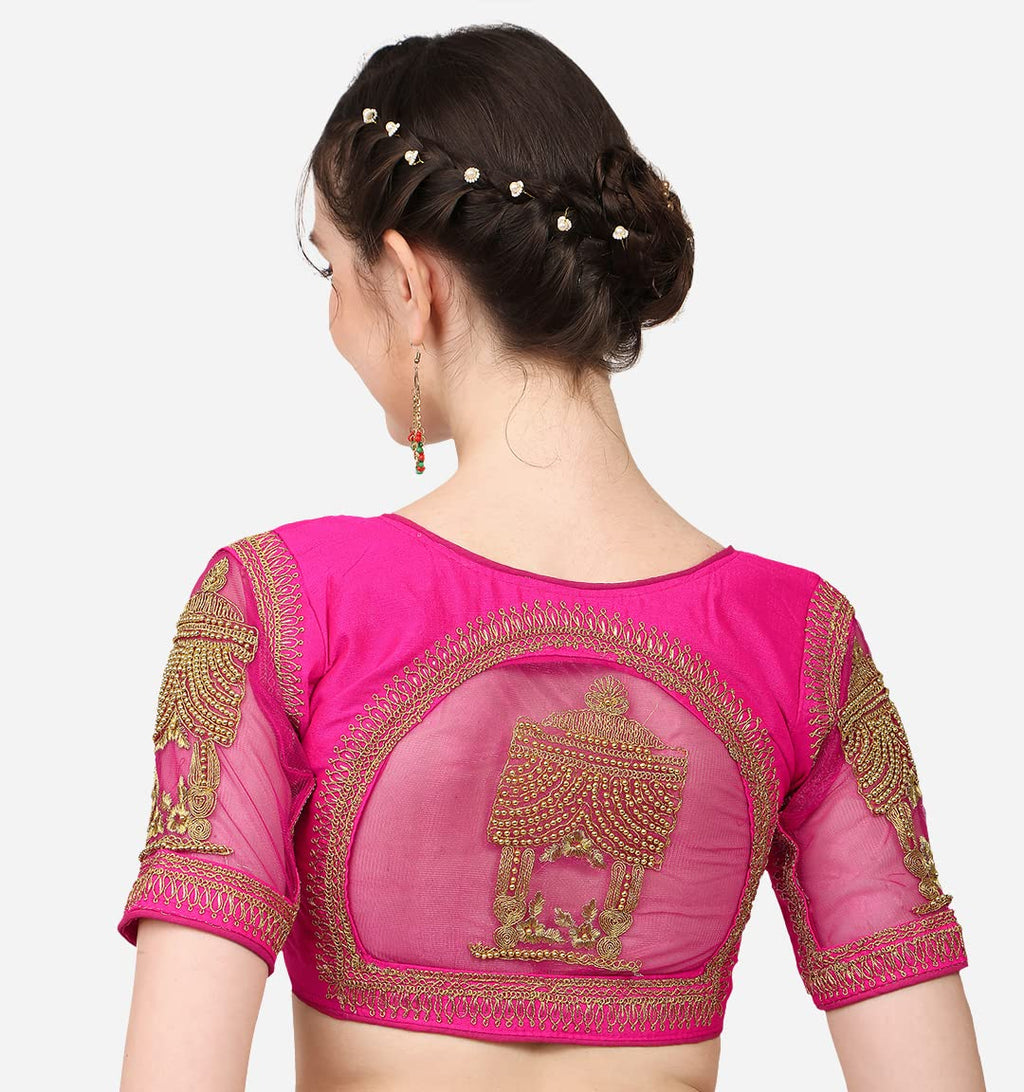 Pujia Mills WomenS Multicolor Temple Embroidery Net Back Sequence Khatli Work Sleeves Design Phantom Silk Readymade Saree Blous