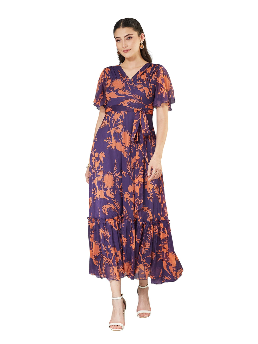 Miss Chase WomenS Floral Wrap Chiffon Maxi Dress With Flutter Sleeves & Frilled Hem (Mcaw25D84-73-Lmh-04, Classic Orange And Mi