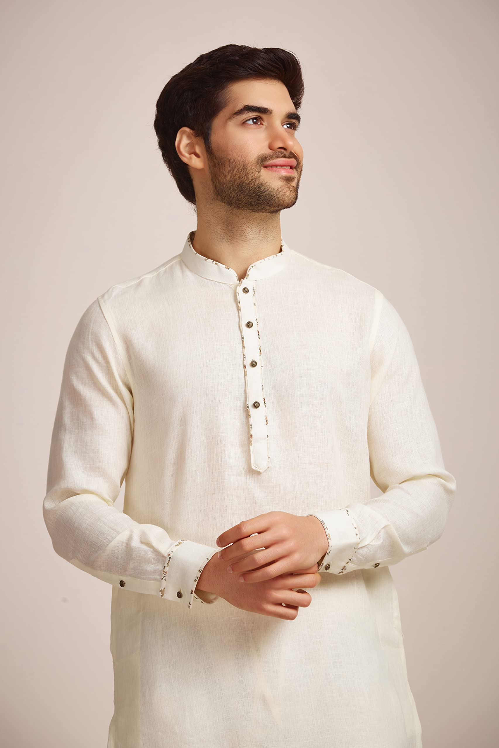 Manyavar Mens Linen Solid Traditional Long Kurta