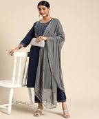 Lookmark Womens Art Silk Kurta And Pant Set With Dupatta Navy Blue-Grey
