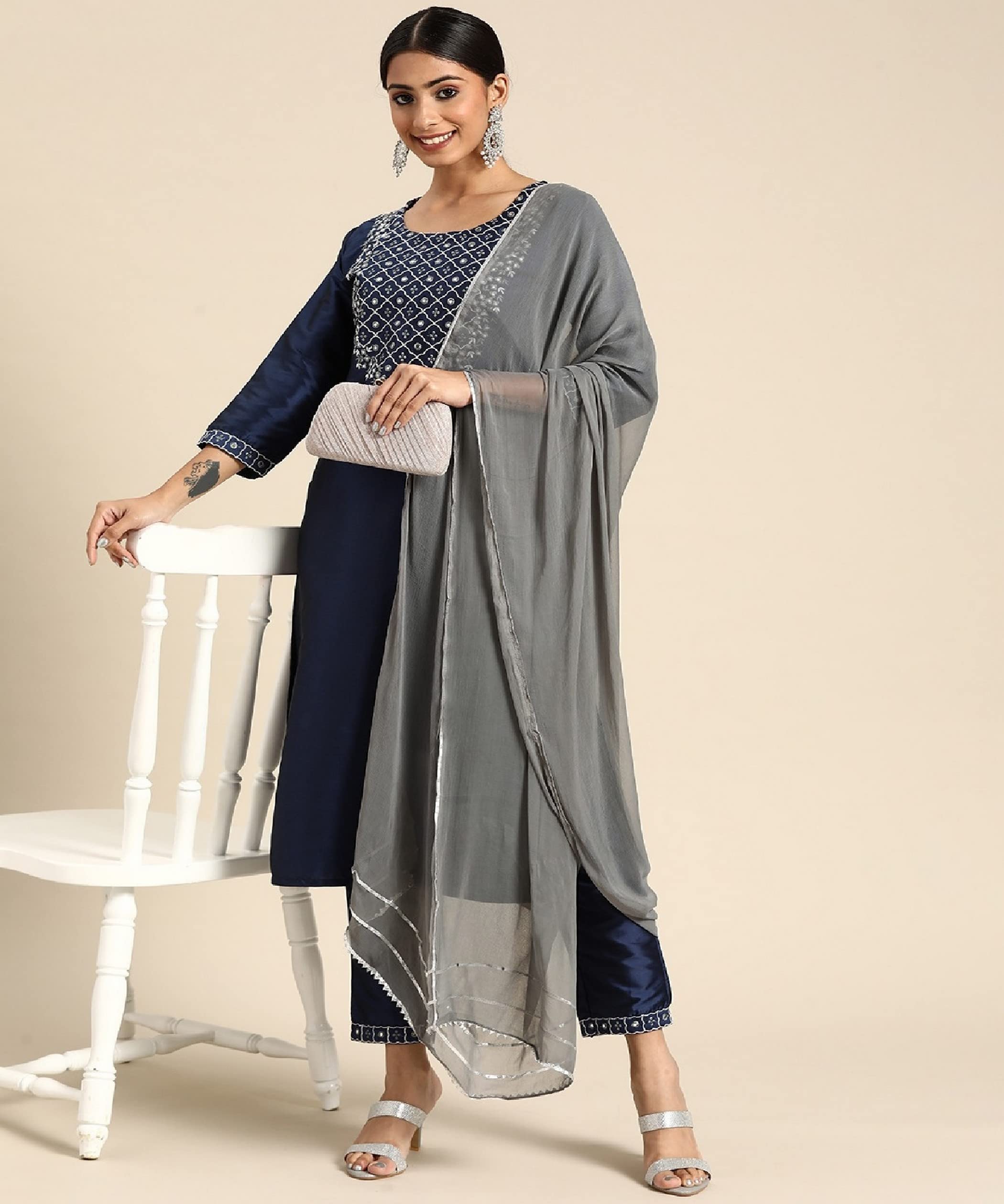 Lookmark Womens Art Silk Kurta And Pant Set With Dupatta Navy Blue-Grey