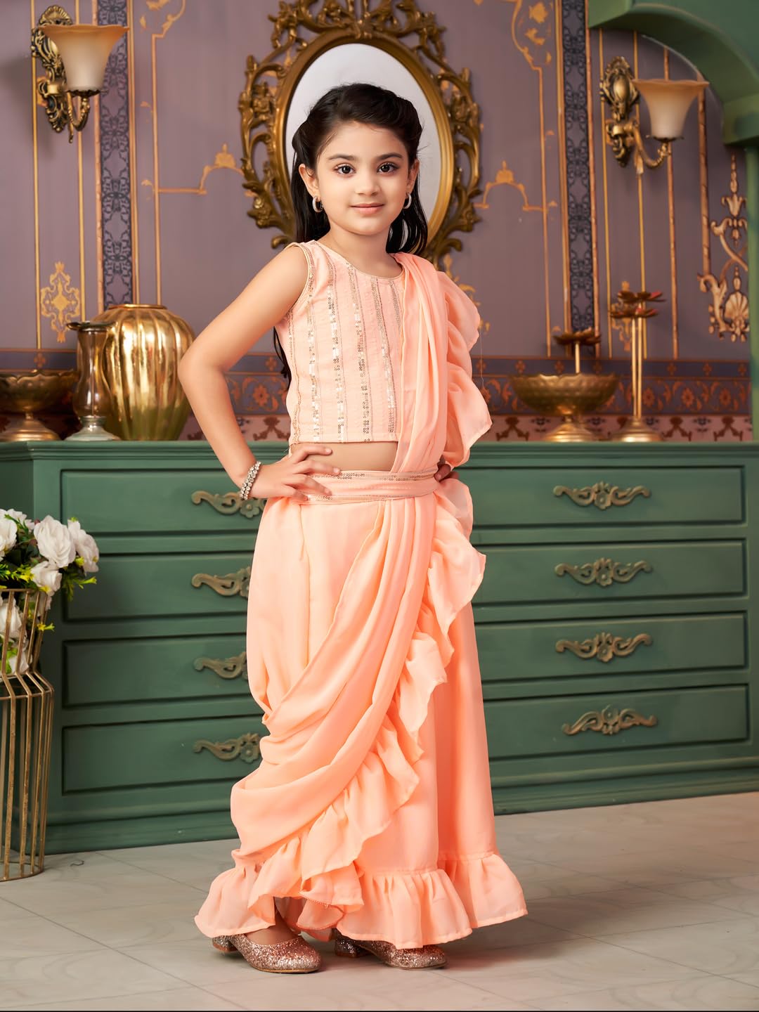 Aarika Girls Ethnic Wear Peach Colour Sequin Embroidery Georgette Lehenga Choli Set With Attached Dupatta-4-13 Years (LCH-SHM-50