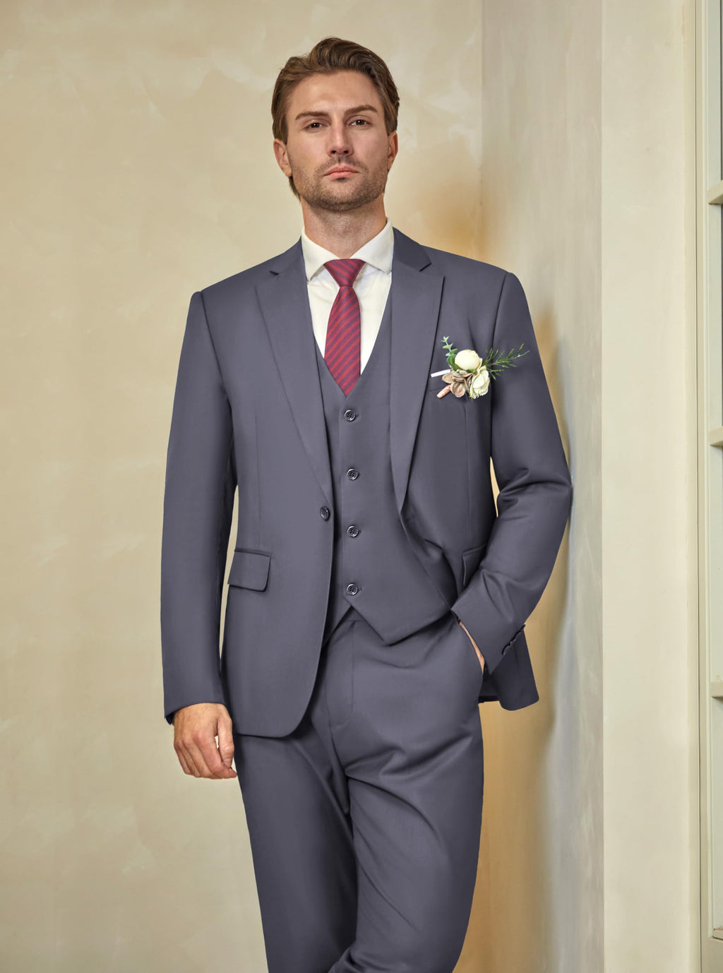 WULFUL Mens Slim Fit Suit One Button 3-Piece Blazer Dress Business Wedding Party Jacket Vest & Pant Dark Grey