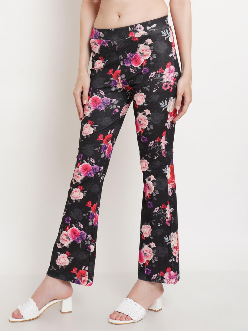 POPWINGS Casual Multi Colour Floral Print Bootcut Trouser for Women || Pull On Trouser for Women || Latest Stylish Western Regul