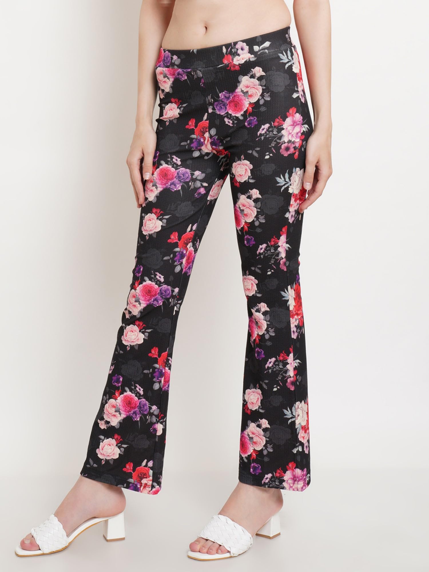 POPWINGS Casual Multi Colour Floral Print Bootcut Trouser for Women || Pull On Trouser for Women || Latest Stylish Western Regul