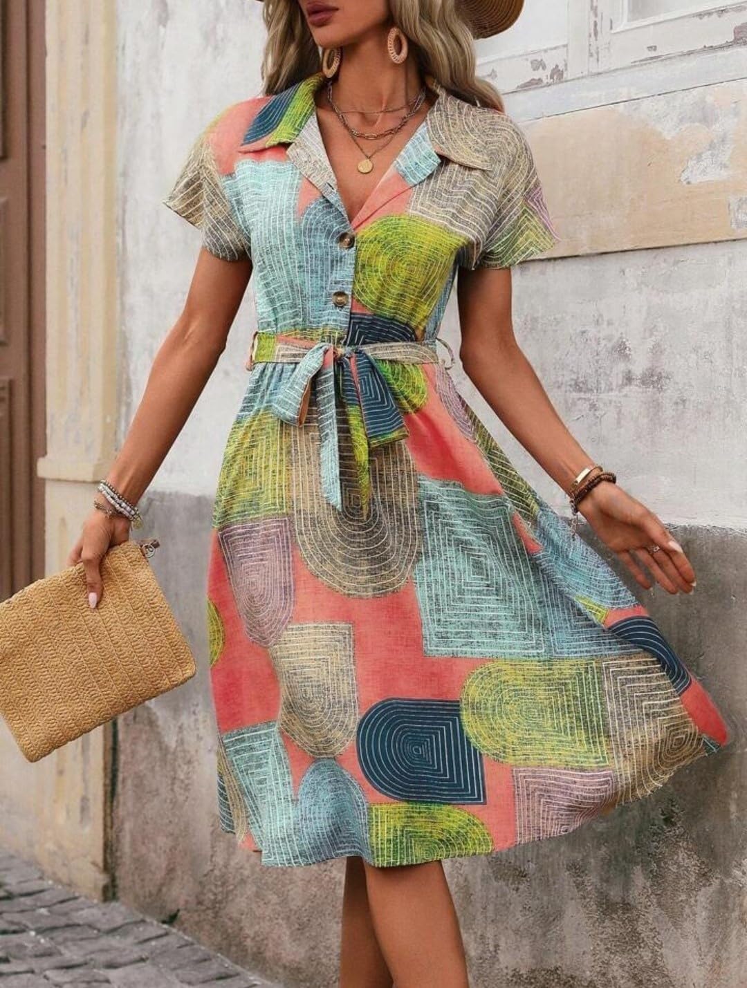 Gufrina WomenS Short Sleeve Collar Neck Dress - Geometric Print Button-Down Midi Dress With Tie-Up Belt (In, Alpha, 3Xl, Regula
