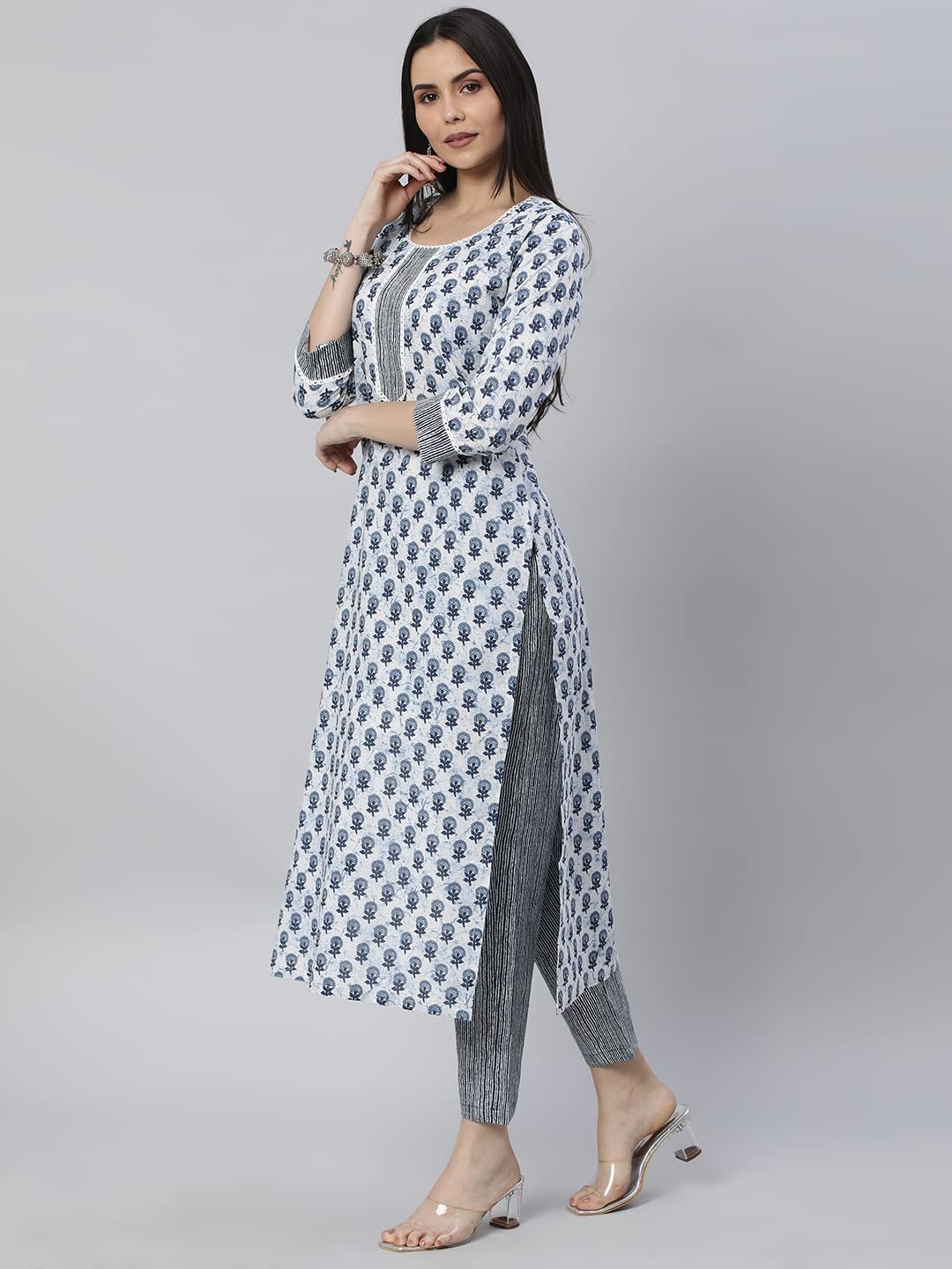 ANNI DESIGNER Womens Cotton Blend Straight Printed Kurta with Pant Set (Bitiya Blue_M_Blue_Medium)