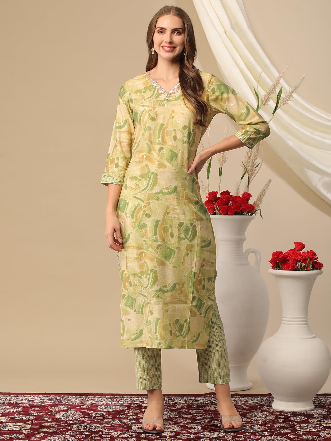 ANNI DESIGNER Ladies Cotton Blend Kurta with Trousers, green, M