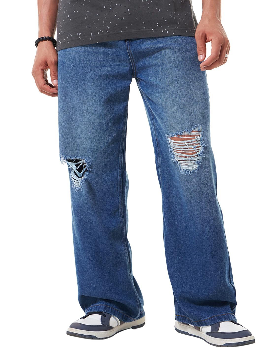 Bewakoof Mens Baggy Straight Fit Distressed Jeans_624277_Blue_32