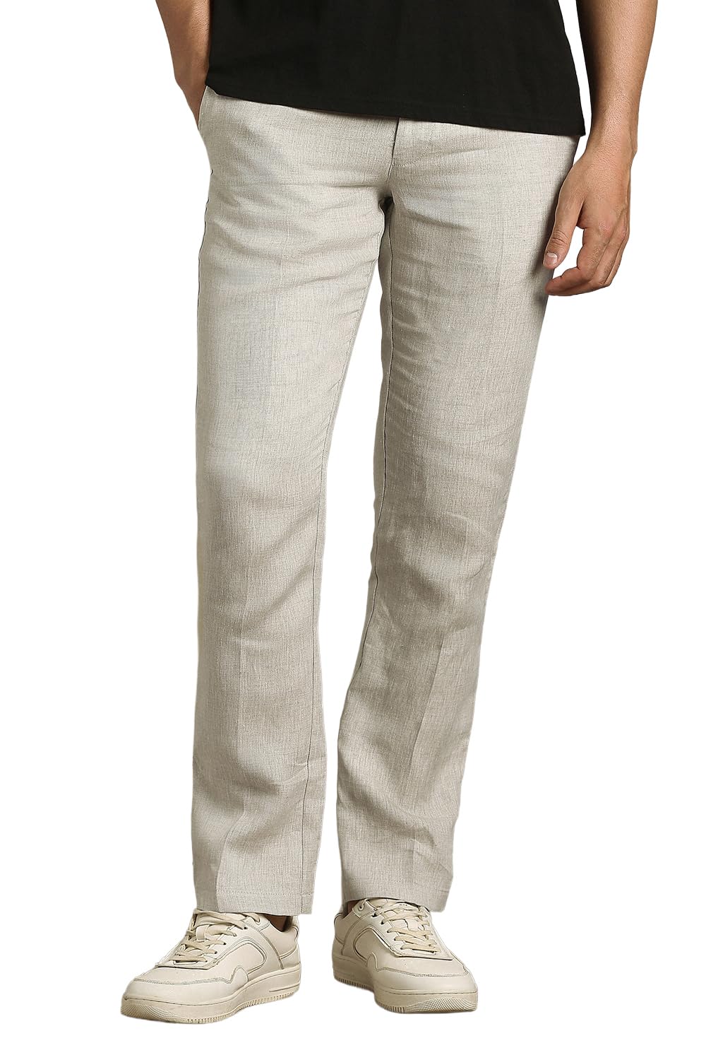 Men Beige Textured Flat Front Formal Trousers 32