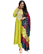 ANNI DESIGNER Womens Rayon Viscose Embroidered Anarkali Kurta with Pant & Dupatta (JENNU Mehandi_XXL_Mehandi_XX-Large)