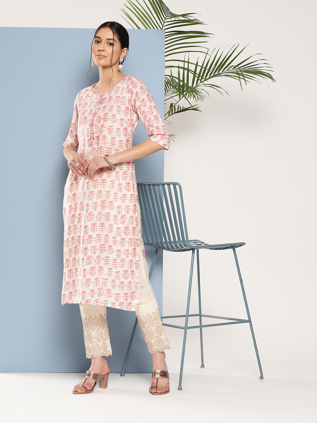 Libas WomenS Silk Printed Straight Kurta (26290_Peach