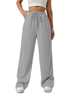Sugathari Womens Light Grey Loose Wide-Leg Pants with Textured Wrinkled Fabric and Drawstring Waist Long Trousers (Trouser 157 
