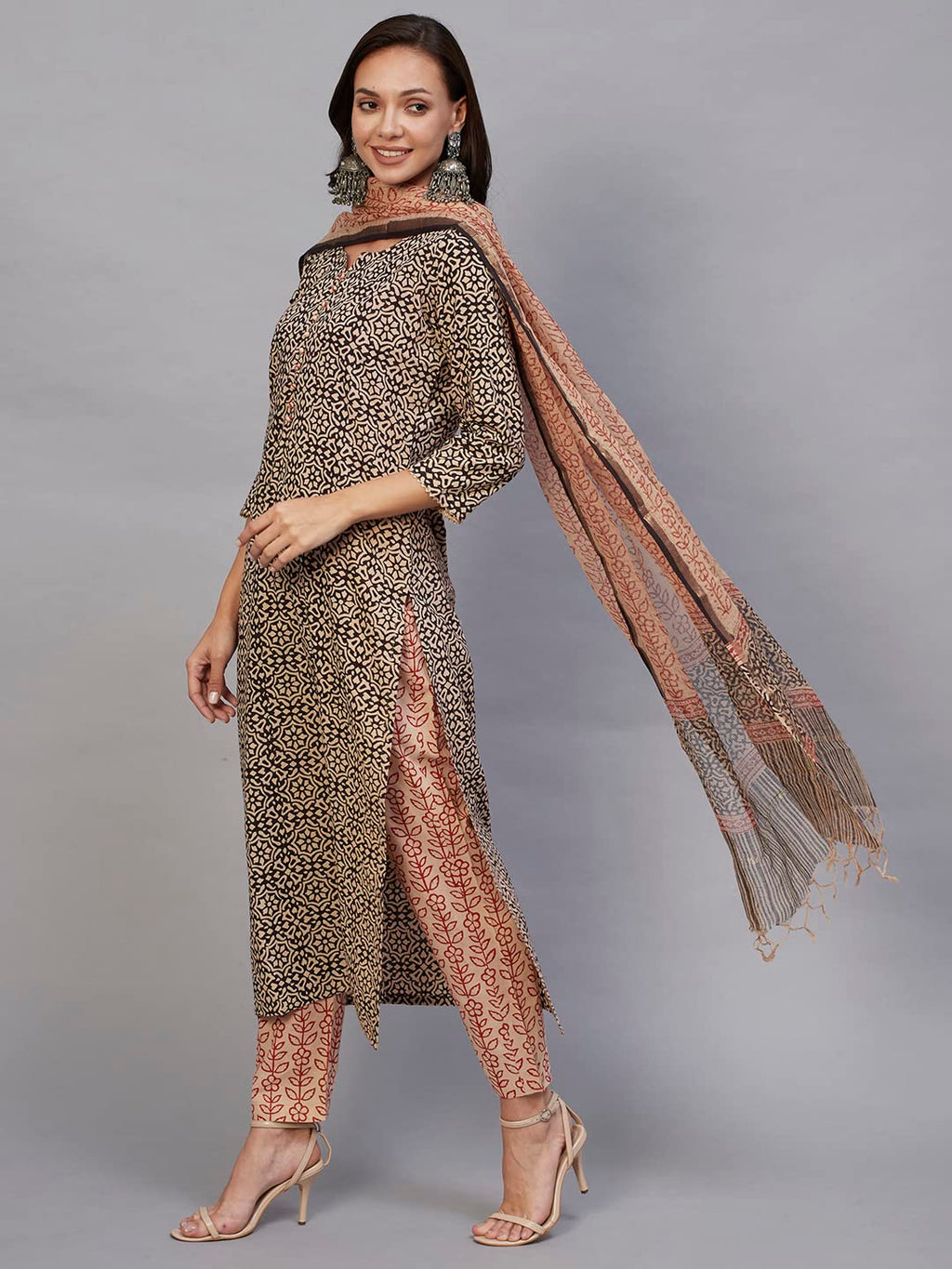 ANNI DESIGNER Womens Cotton Blend Straight Printed Kurta with Pant & Dupatta (Hand Black-CMD_S_Black_Small)