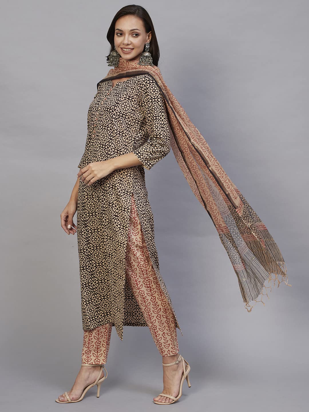 ANNI DESIGNER Womens Cotton Blend Straight Printed Kurta with Pant & Dupatta (Hand Black-CMD_S_Black_Small)