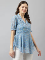 TOOCHKI Womens Light Blue Georgette Floral Flared Western Top | Winter Top | Western Top | Top for Women | Latest Women Top | T