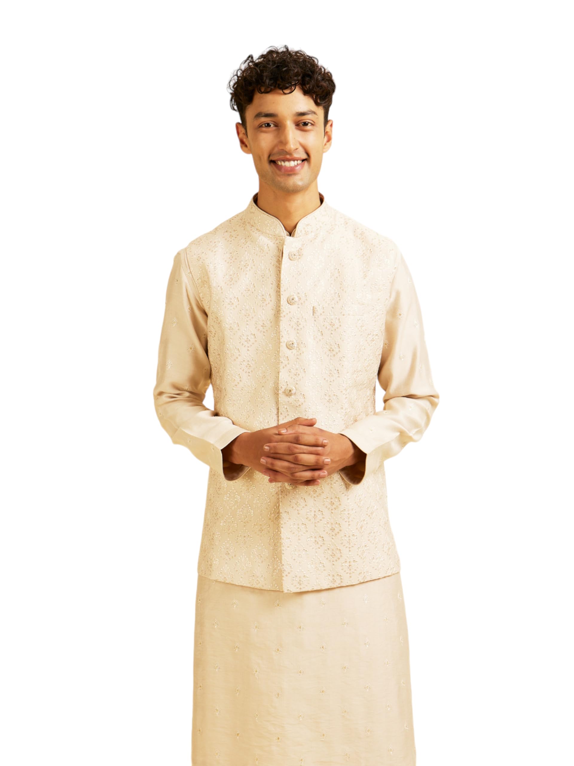 Manyavar MenS Art Silk Floral Embroidery Jacket Set (Beige,M)