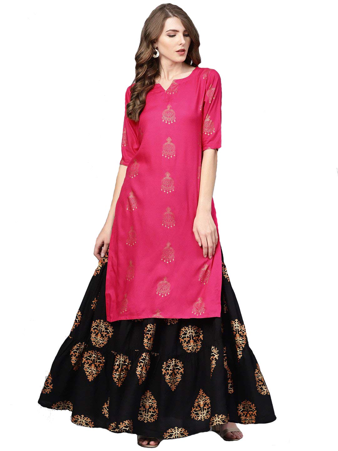 Gosriki Women'S Rayon Printed Straight Kurta With Skirt (Vertika Pink_M)