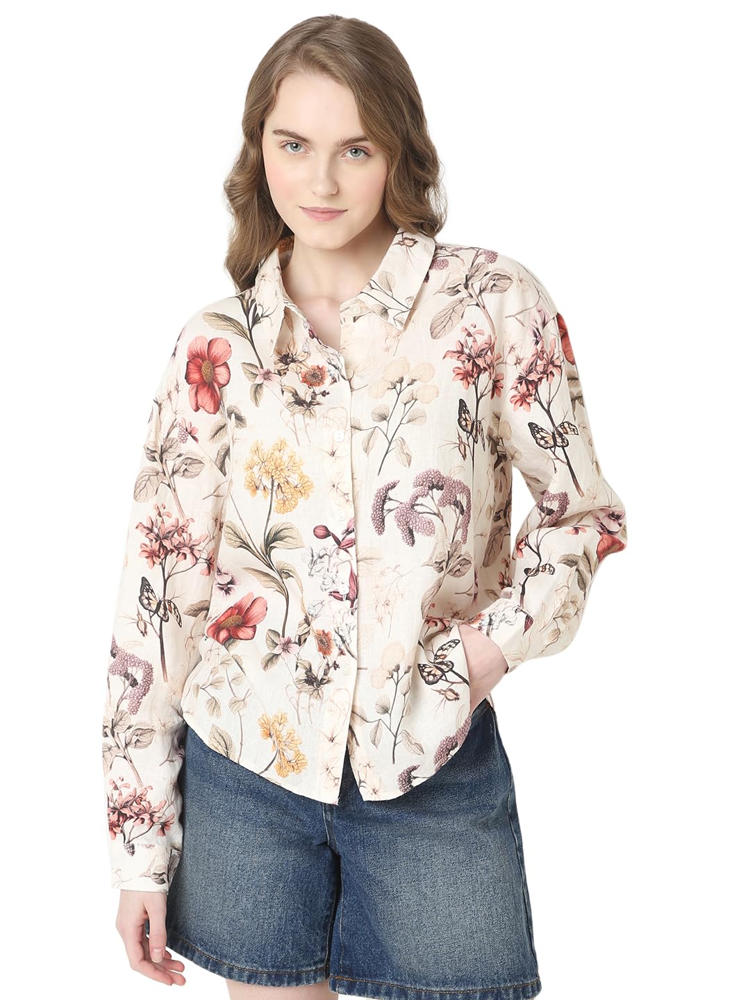 Vero Moda Women Floral Print White Linen Regular Fit Shirt