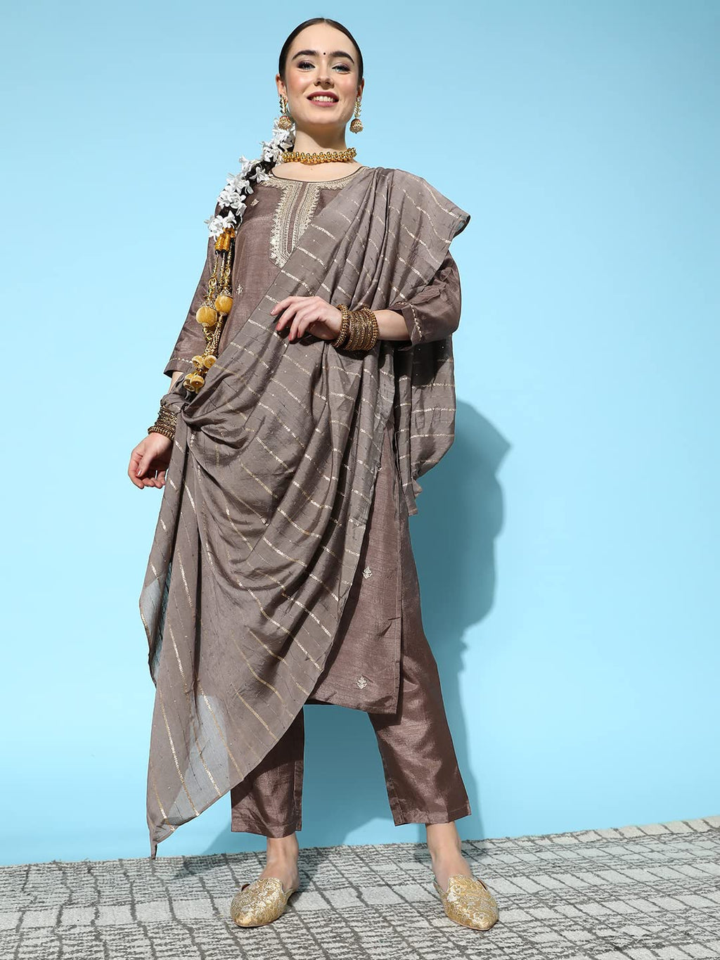 Ishin Women'S Silk Blend Brown Embroidered A-Line Kurta Trouser Dupatta Set