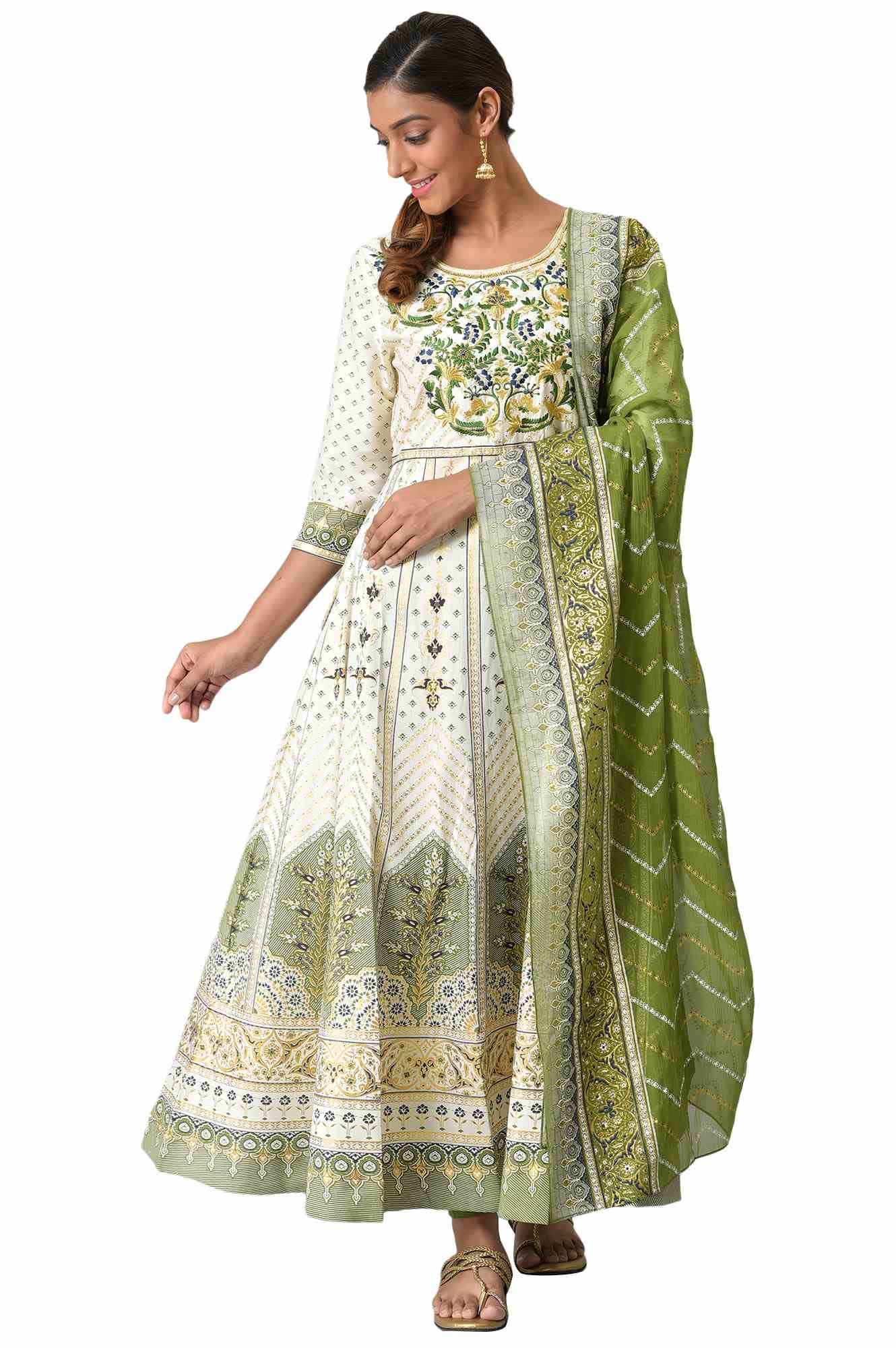 Aurelia Women Liva White Floral Printed Flared Viscose Kurta With Green Tights And Dupatta_22Aud10452-504449_S